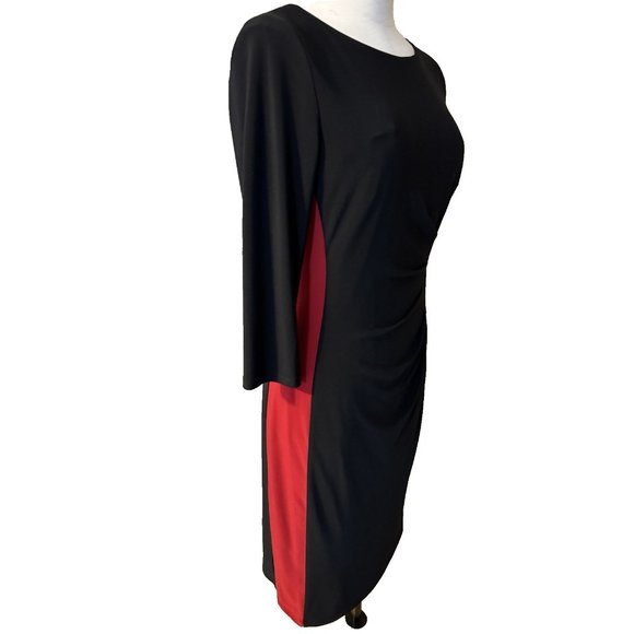Ralph Lauren Dress 8 Black Red Panel 3/4 Long Sleeve Stretch Sheath Washable - Picture 1 of 11